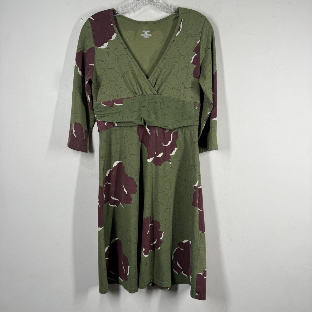 Patagonia Women's 3/4 Sleeve Margot Dress V-Neck A-Line Maroon Green Floral Sz M